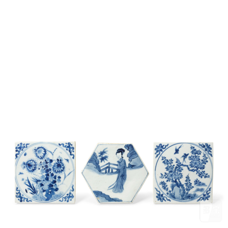 清康熙 青花瓷磚三件 | THREE BLUE AND WHITE TILES